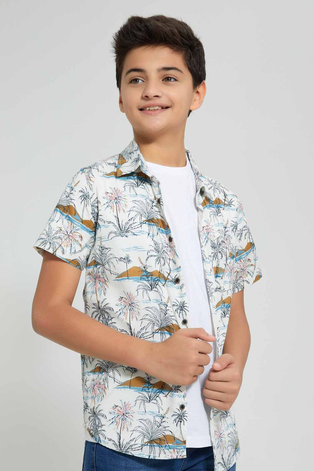 Redtag-White-Allover-Print-Shirt-With-T-Shirt-Casual-Shirts-Senior-Boys-9 to 14 Years