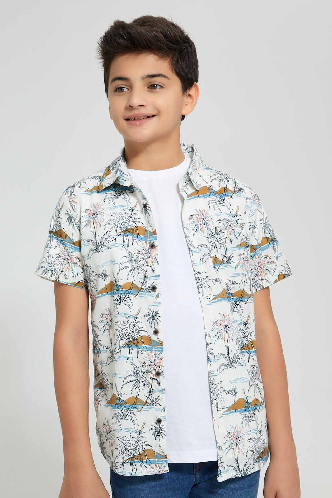 Redtag-White-Allover-Print-Shirt-With-T-Shirt-Casual-Shirts-Senior-Boys-9 to 14 Years