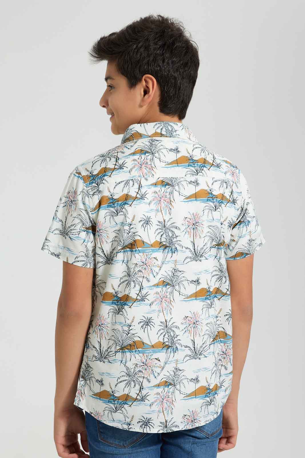 Redtag-White-Allover-Print-Shirt-With-T-Shirt-Casual-Shirts-Senior-Boys-9 to 14 Years