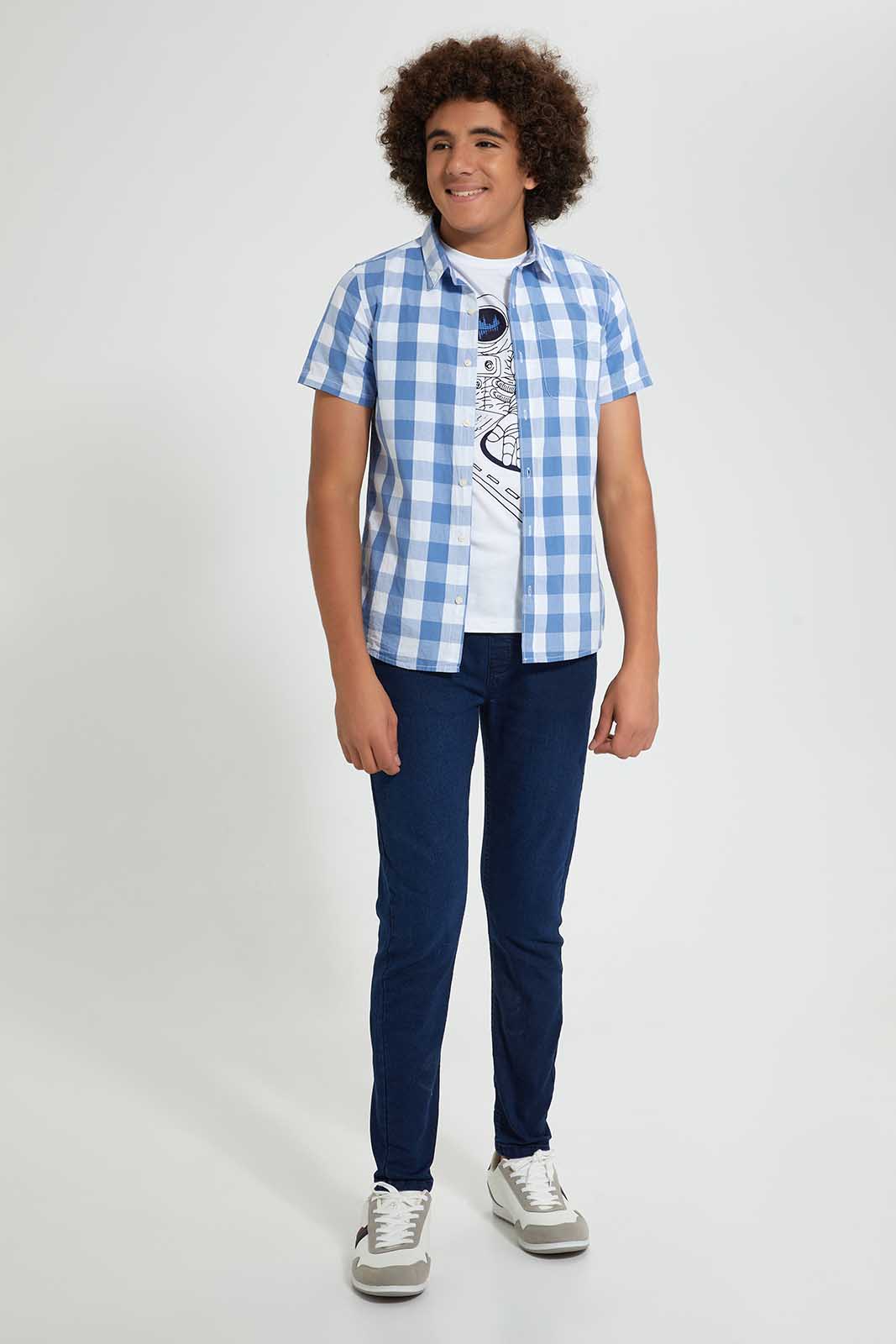 Redtag-Blue-Check-With-T-Shirt-Casual-Shirts-Senior-Boys-9 to 14 Years