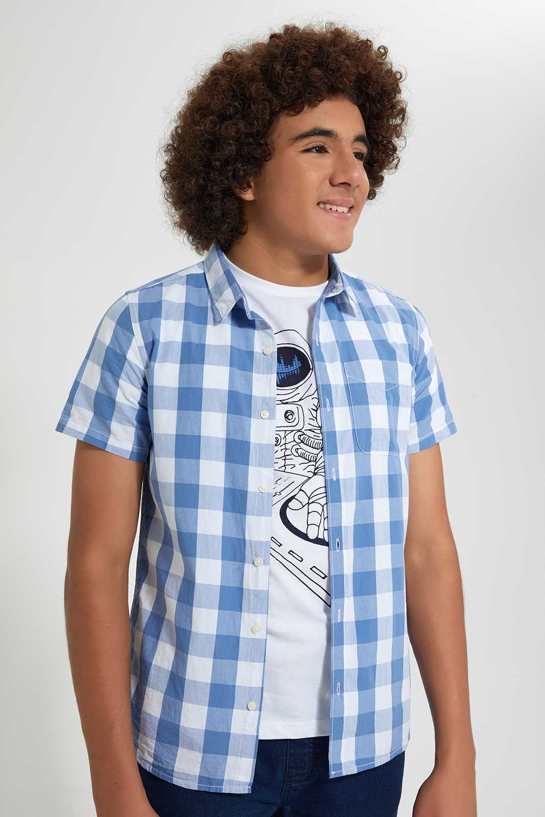 Redtag-Blue-Check-With-T-Shirt-Casual-Shirts-Senior-Boys-9 to 14 Years