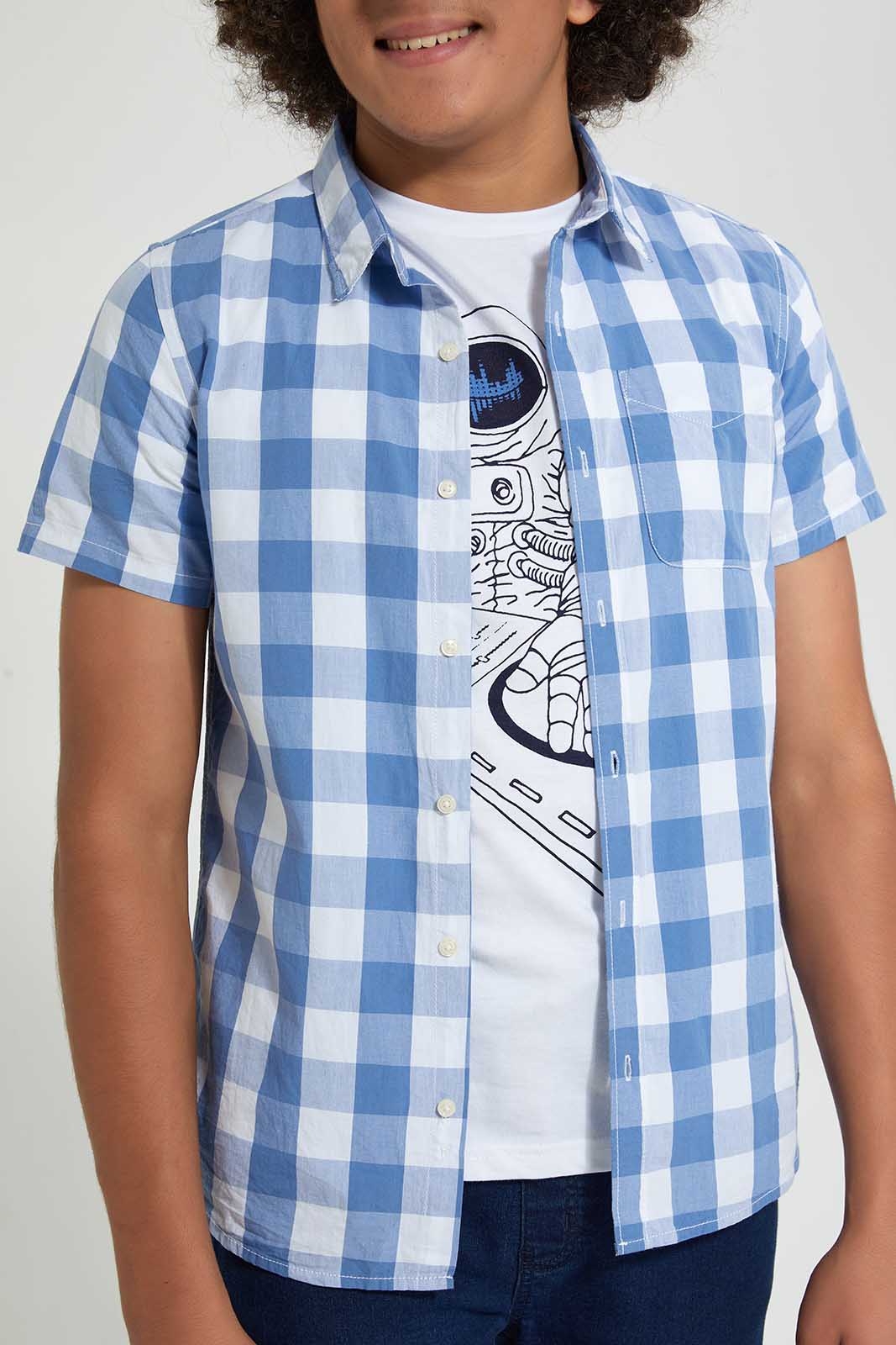 Redtag-Blue-Check-With-T-Shirt-Casual-Shirts-Senior-Boys-9 to 14 Years