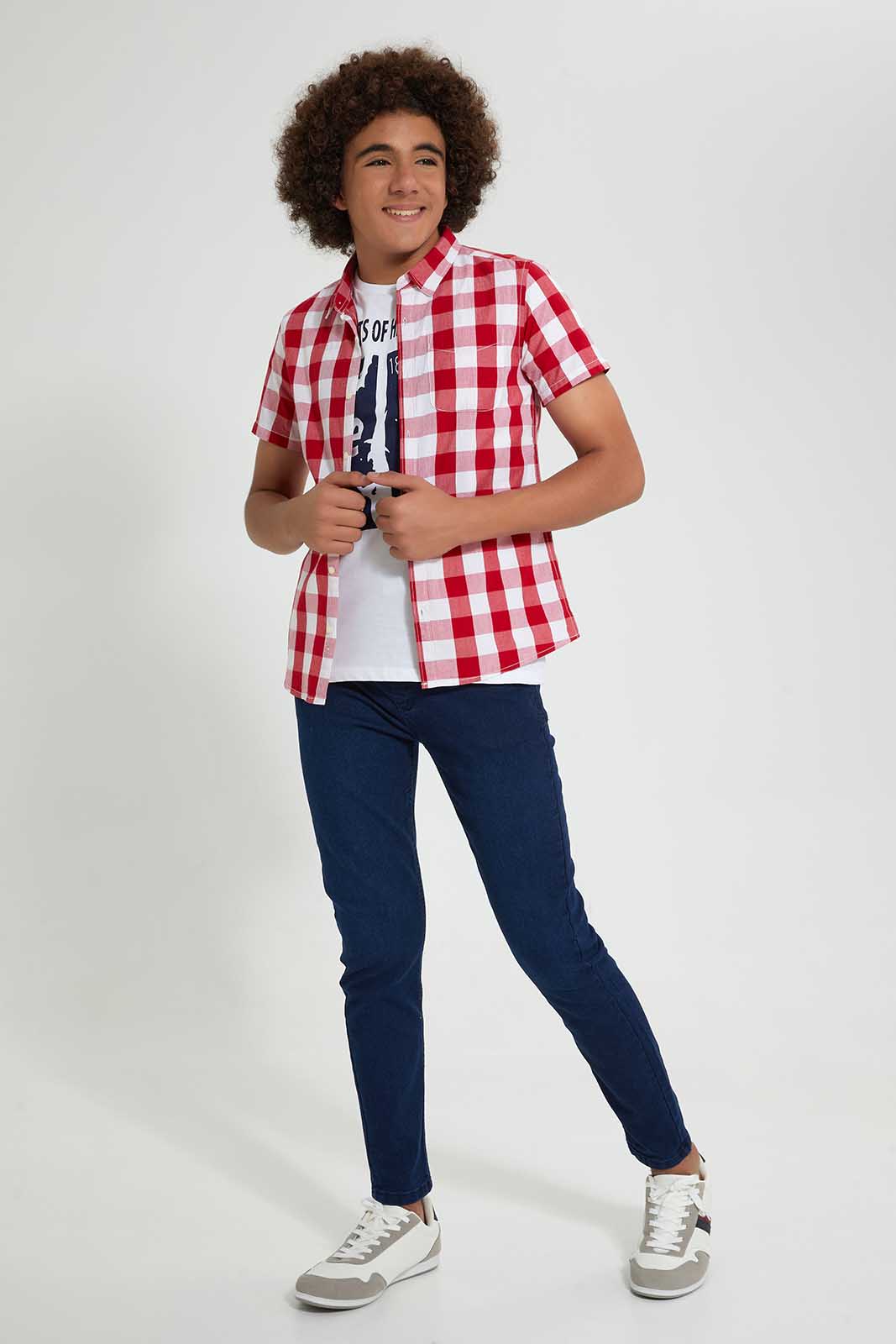 Redtag-Red-Check-With-T-Shirt-Casual-Shirts-Senior-Boys-9 to 14 Years