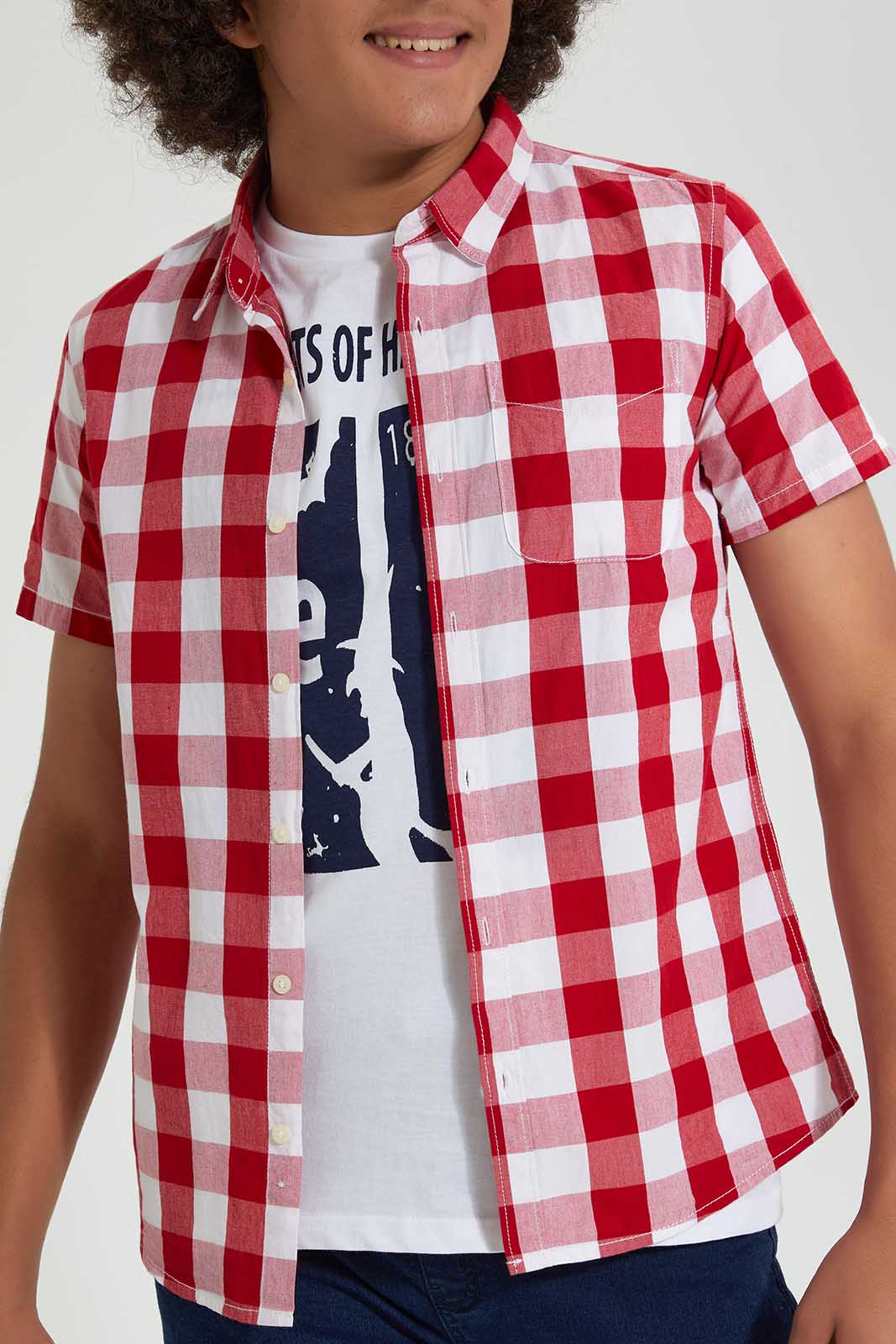 Redtag-Red-Check-With-T-Shirt-Casual-Shirts-Senior-Boys-9 to 14 Years
