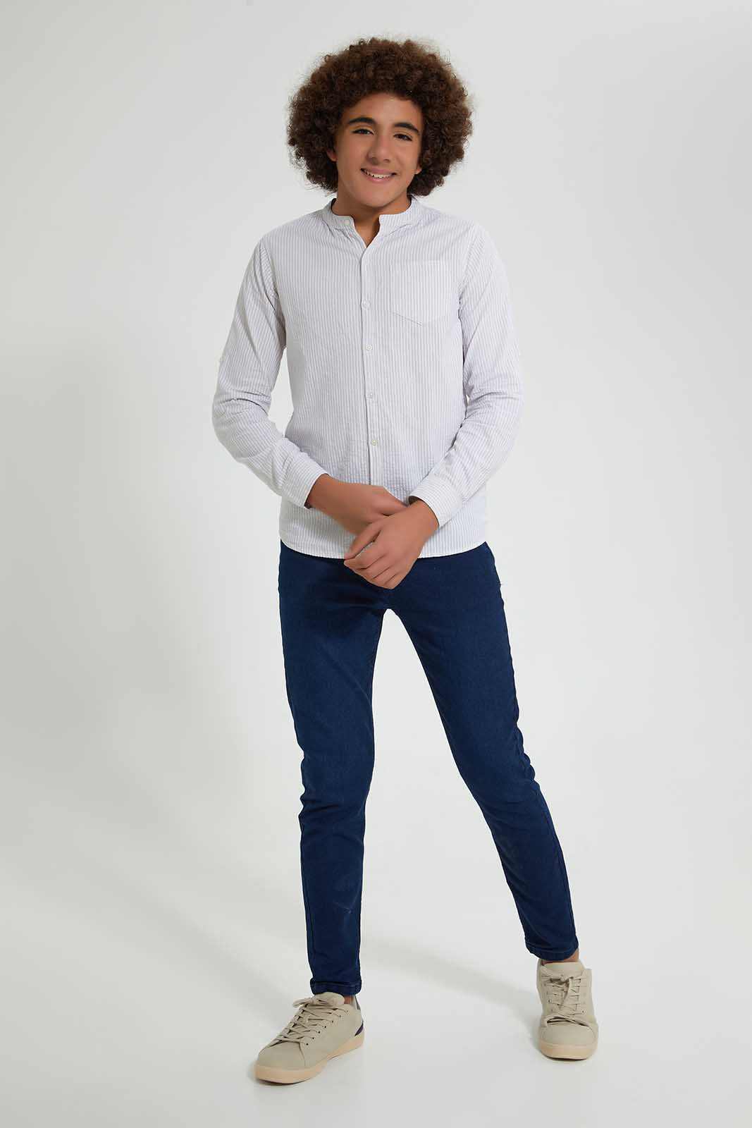 Redtag-Beige-Seer-Sucker-Stripe-Casual-Shirt-Casual-Shirts-Senior-Boys-9 to 14 Years