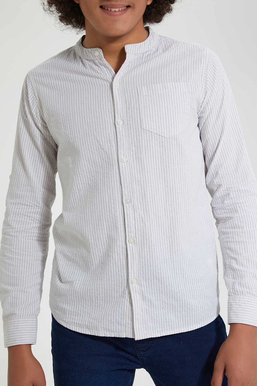 Redtag-Beige-Seer-Sucker-Stripe-Casual-Shirt-Casual-Shirts-Senior-Boys-9 to 14 Years