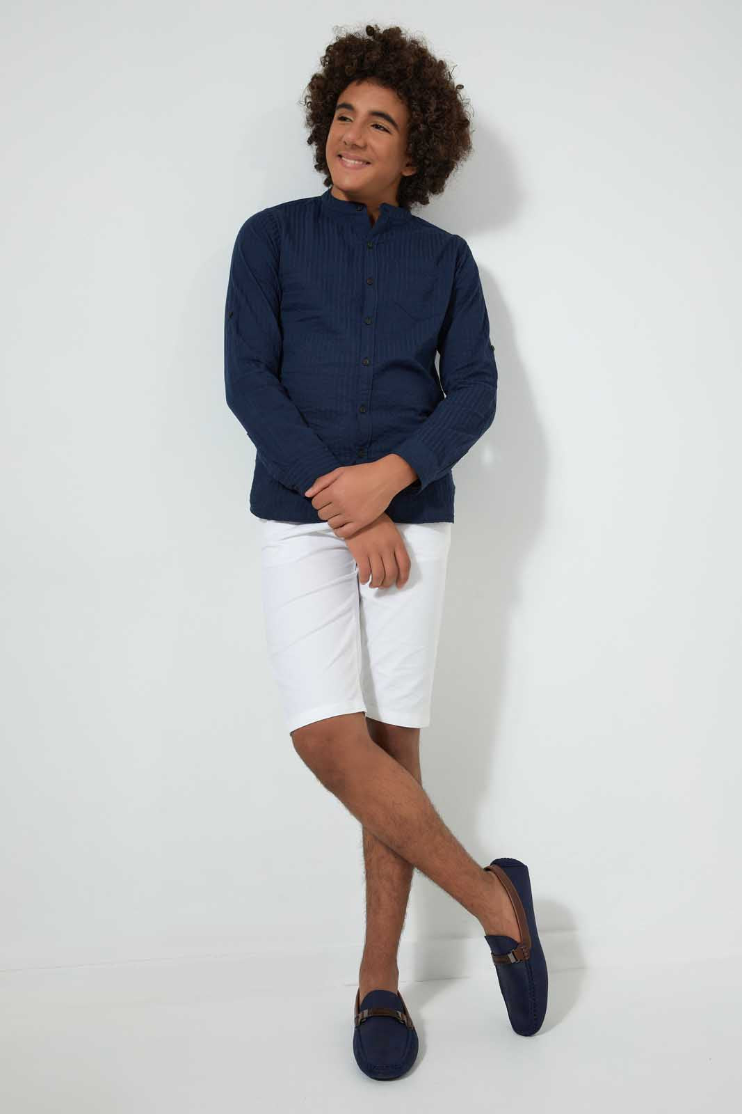 Redtag-Navy-Seer-Sucker-Solid-Casual-Shirt-Casual-Shirts-Senior-Boys-9 to 14 Years