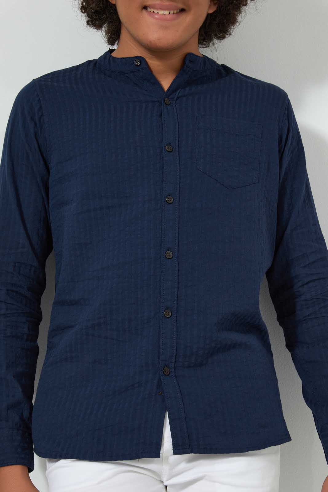 Redtag-Navy-Seer-Sucker-Solid-Casual-Shirt-Casual-Shirts-Senior-Boys-9 to 14 Years