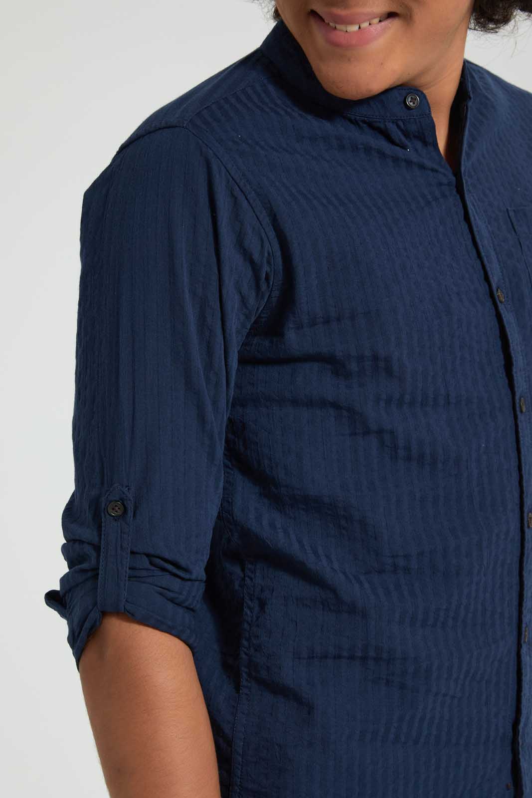 Redtag-Navy-Seer-Sucker-Solid-Casual-Shirt-Casual-Shirts-Senior-Boys-9 to 14 Years