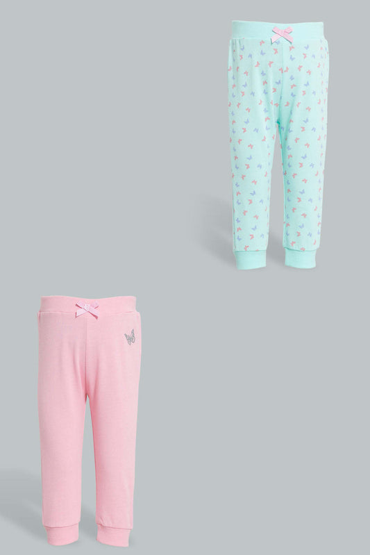 Redtag-Multi-Colour-2Pcs-Pack-Track-Pant-Joggers-Infant-Girls-3 to 24 Months
