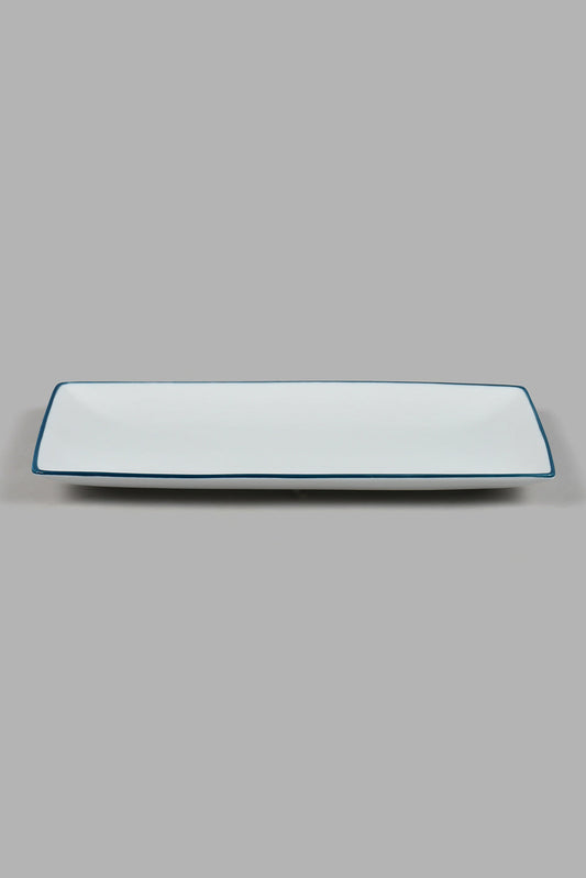 Redtag-White-Porcelain-Embossed-Rectangle-Platter-With-Blue-Border-Category:Trays,-Colour:White,-DANDELION,-Filter:Home-Dining,-HMW-DIN-Sew-Serveware,-New-In,-New-In-HMW-DIN,-Non-Sale,-S22B,-Section:Homewares-Home-Dining-