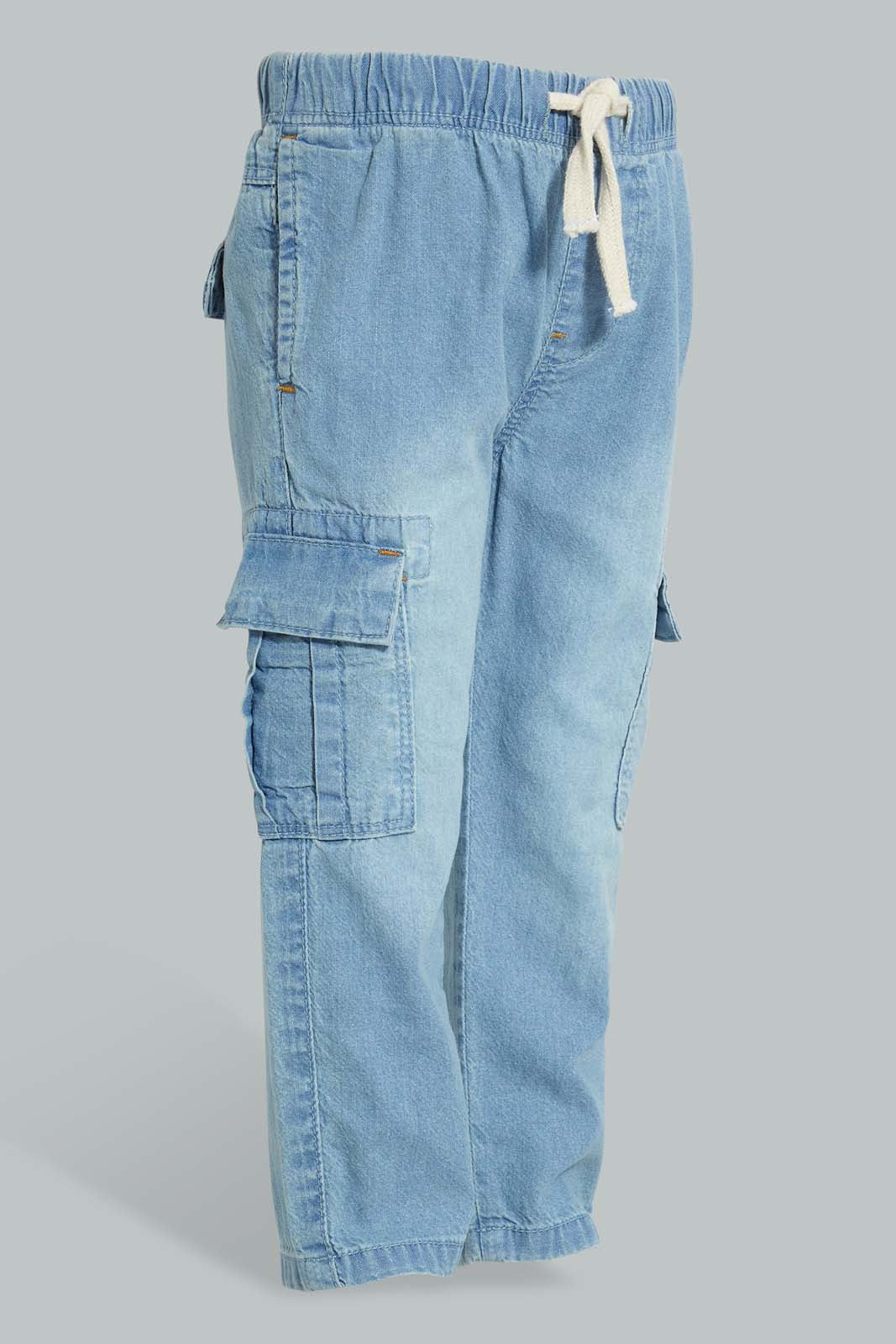 Redtag-Light-Wash-Anti-Fit-Denim-Pant-With-Cargo-Pocket-Jeans-Slim-Fit-Infant-Boys-3 to 24 Months