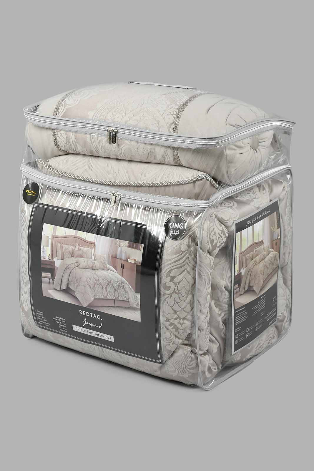 Redtag-Beige-Jacquard-7-Piece-Comforter-Set-
(King-Size)-Comforters-Home-Bedroom-
