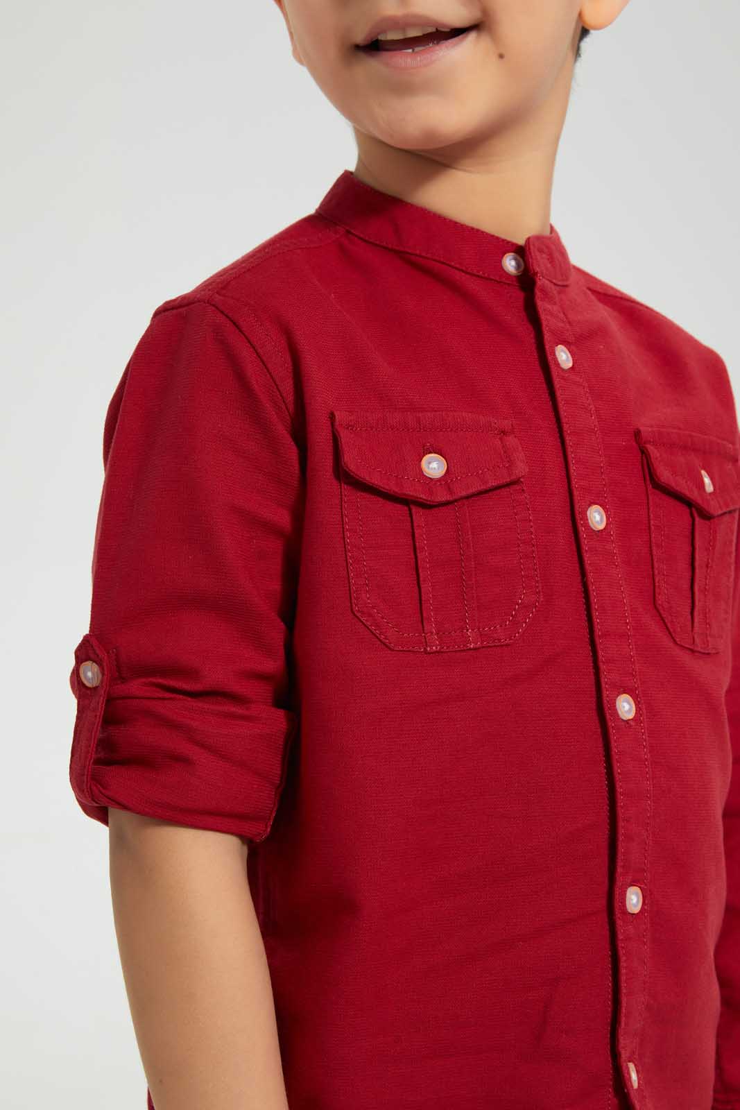 Redtag-Red-Double-Pocket-Mandarin-Collar-Shirt-Casual-Shirts-Boys-2 to 8 Years