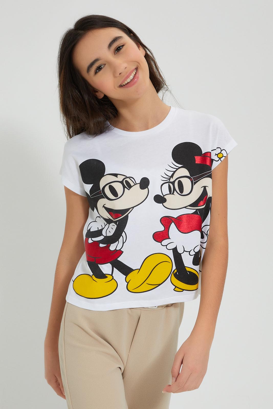 Redtag-White-Mickey-&-Minnie-Mouse-Extended-Sleeve-T-Shirt-Graphic-Prints-Senior-Girls-9 to 14 Years