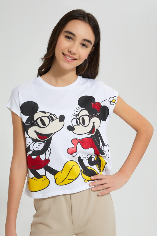 Redtag-White-Mickey-&-Minnie-Mouse-Extended-Sleeve-T-Shirt-Graphic-Prints-Senior-Girls-9 to 14 Years