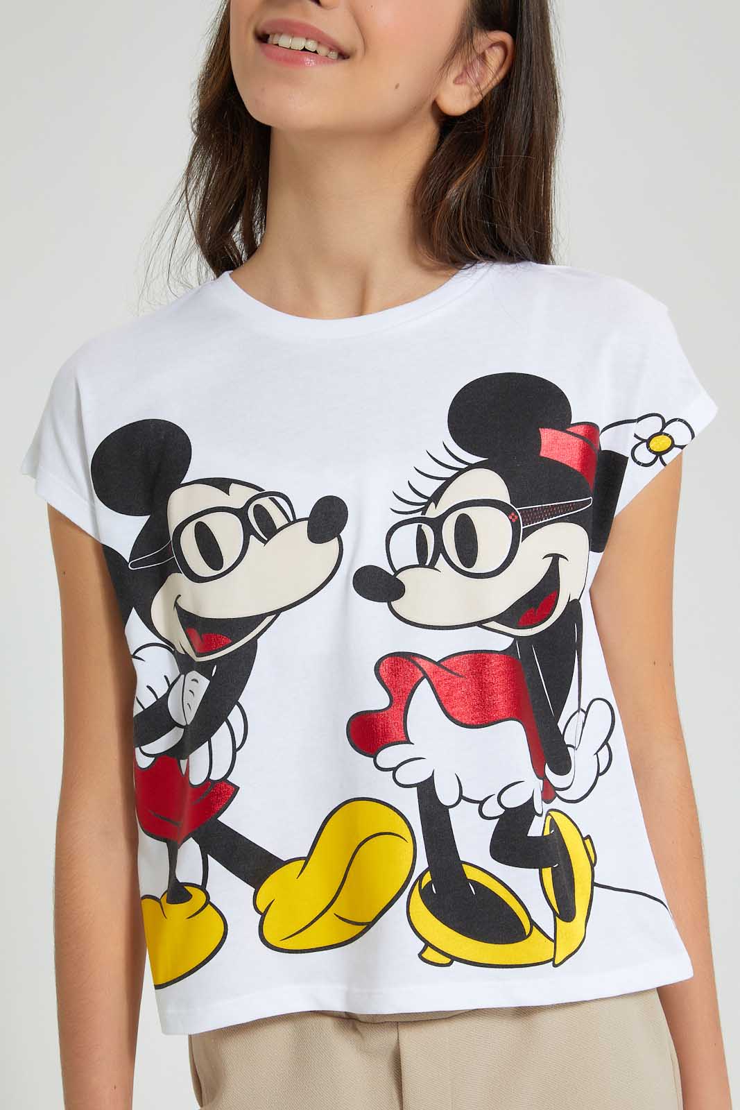 Redtag-White-Mickey-&-Minnie-Mouse-Extended-Sleeve-T-Shirt-Graphic-Prints-Senior-Girls-9 to 14 Years