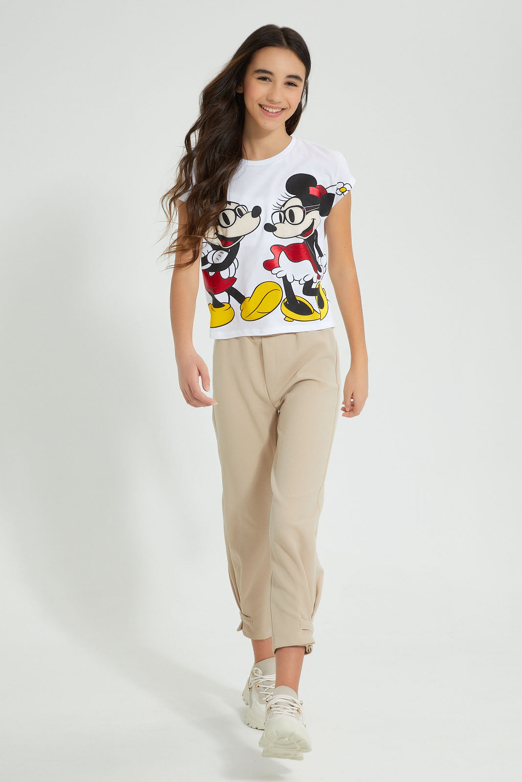 Redtag-White-Mickey-&-Minnie-Mouse-Extended-Sleeve-T-Shirt-Graphic-Prints-Senior-Girls-9 to 14 Years