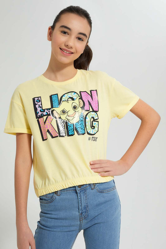 Redtag-Yellow-Lion-King-Boxy-Crop-Top-Graphic-Prints-Senior-Girls-9 to 14 Years