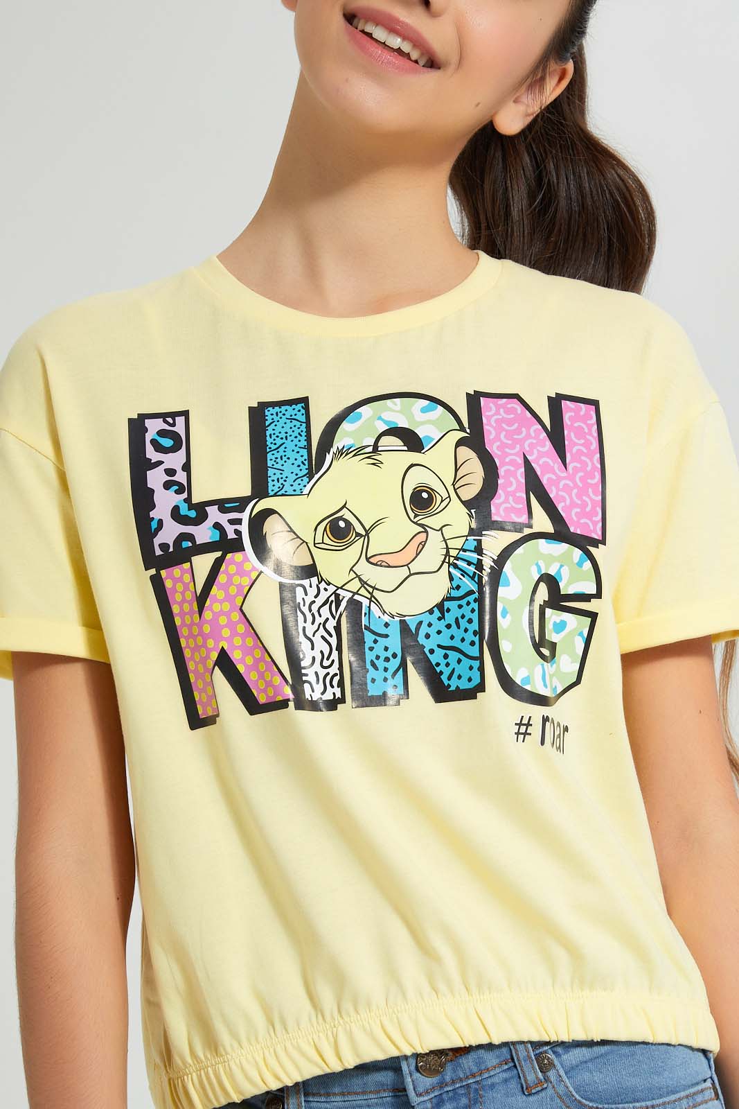 Redtag-Yellow-Lion-King-Boxy-Crop-Top-Graphic-Prints-Senior-Girls-9 to 14 Years