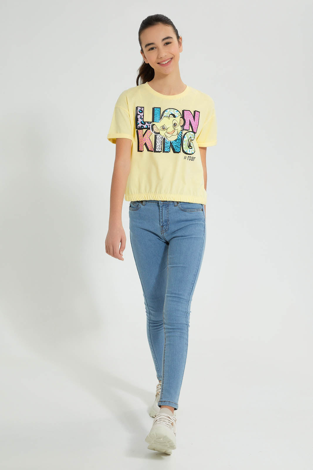 Redtag-Yellow-Lion-King-Boxy-Crop-Top-Graphic-Prints-Senior-Girls-9 to 14 Years