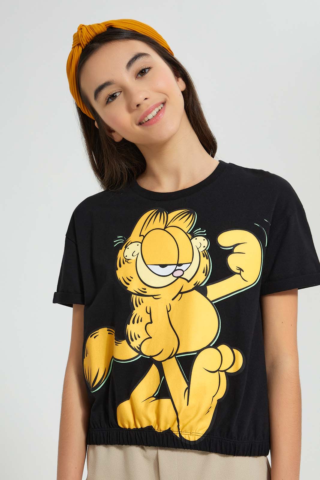 Redtag-Black-Garfield-Boxy-Crop-Top-Graphic-Prints-Senior-Girls-9 to 14 Years
