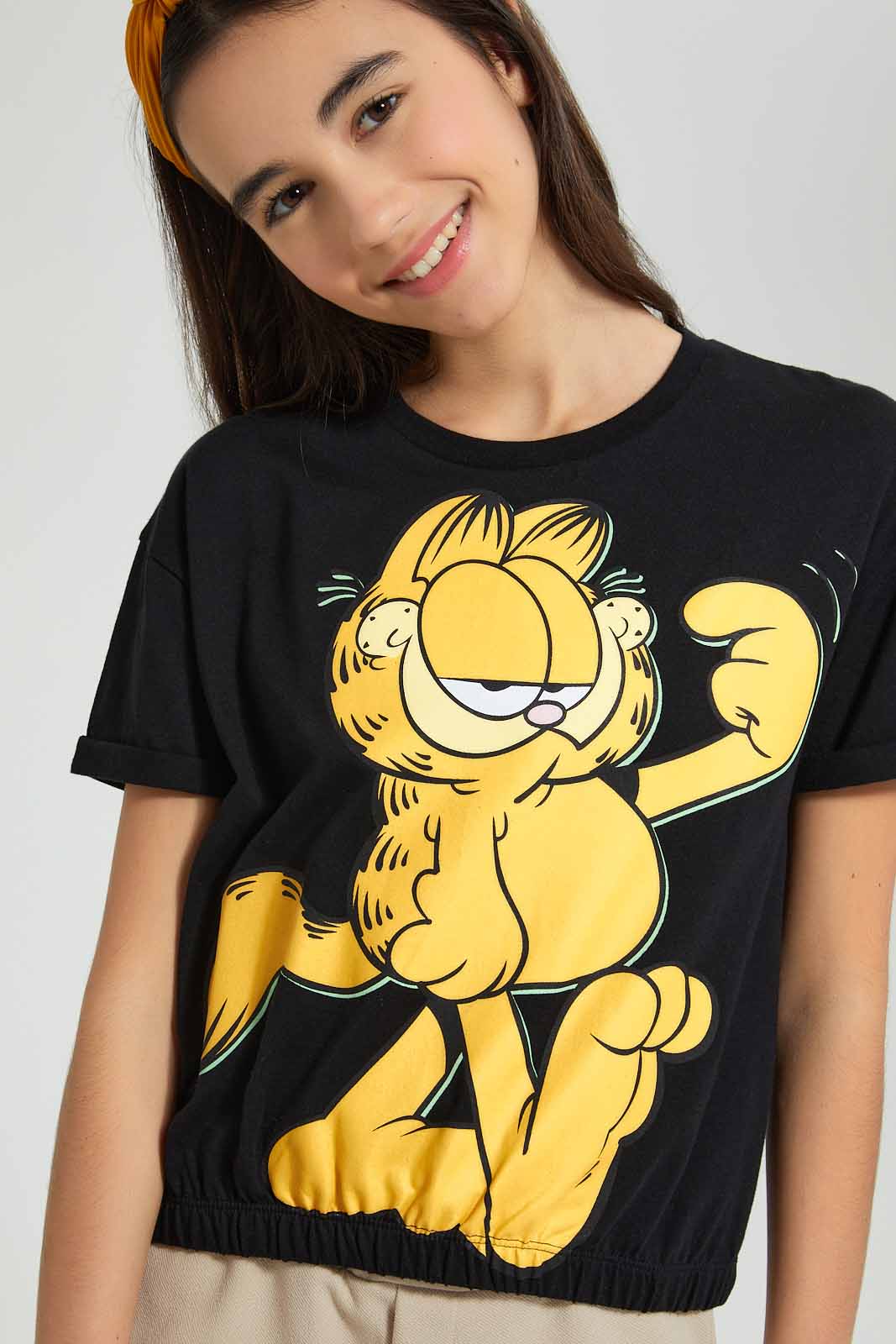 Redtag-Black-Garfield-Boxy-Crop-Top-Graphic-Prints-Senior-Girls-9 to 14 Years
