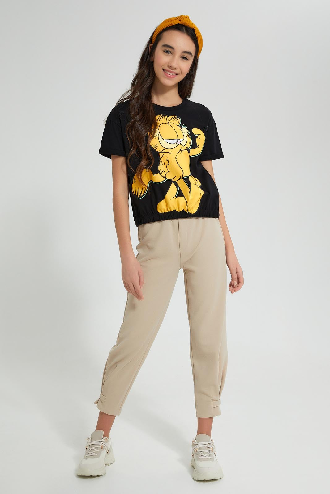 Redtag-Black-Garfield-Boxy-Crop-Top-Graphic-Prints-Senior-Girls-9 to 14 Years