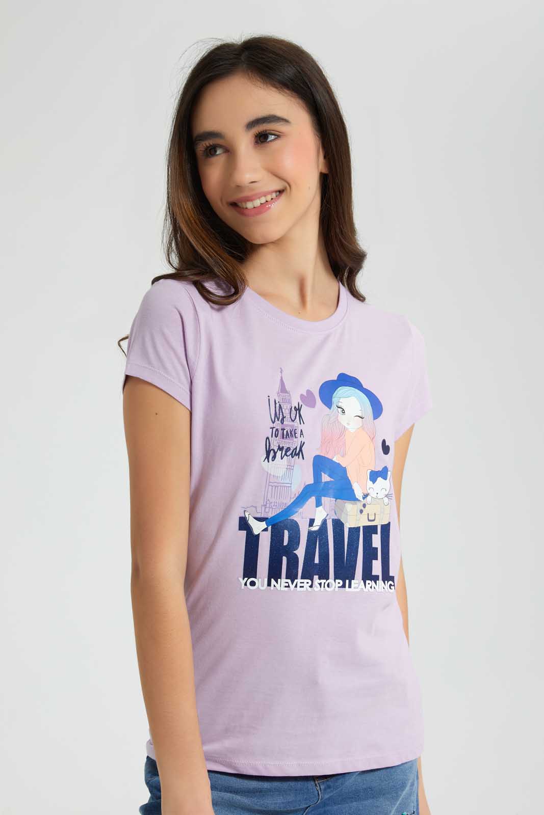 Redtag-Purple-Graphic-T-Shirt-Cropped-Tops-Senior-Girls-9 to 14 Years