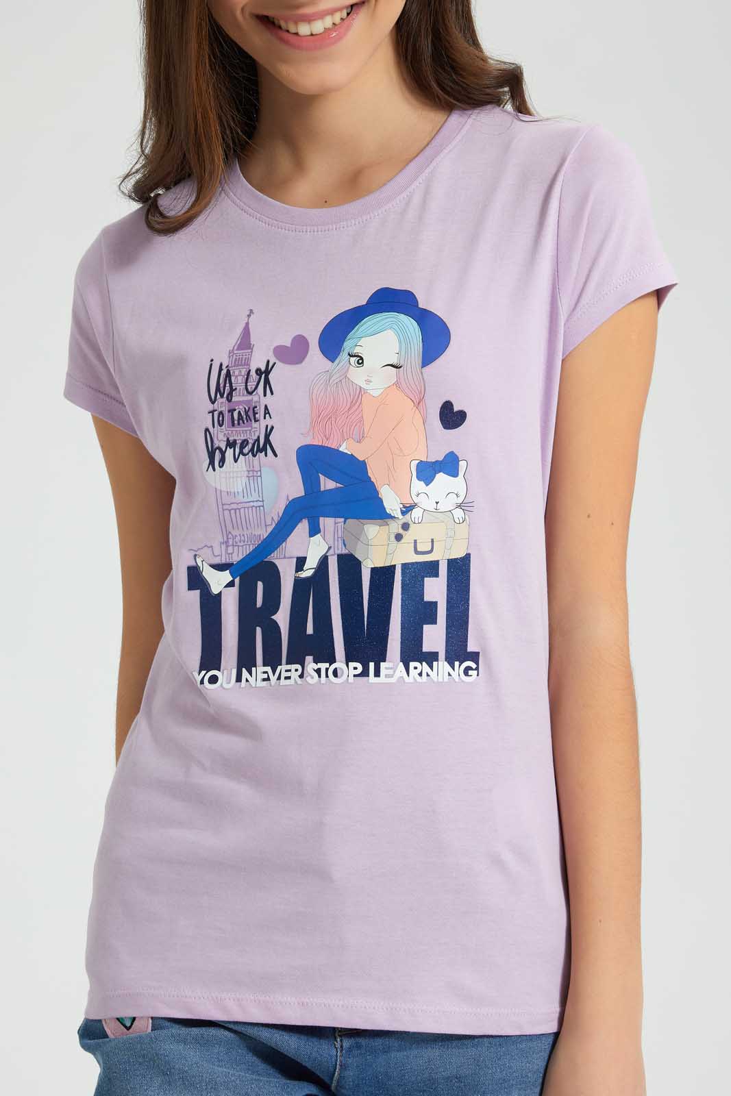 Redtag-Purple-Graphic-T-Shirt-Cropped-Tops-Senior-Girls-9 to 14 Years