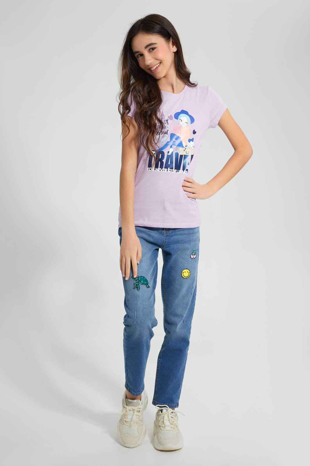 Redtag-Purple-Graphic-T-Shirt-Cropped-Tops-Senior-Girls-9 to 14 Years