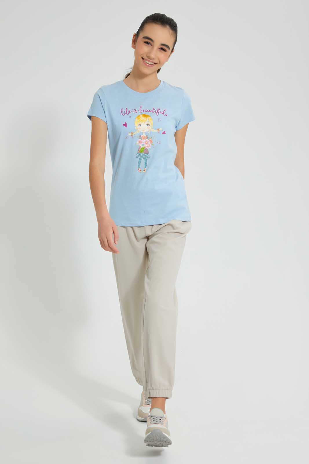 Redtag-Blue-Graphic-T-Shirt-Cropped-Tops-Senior-Girls-9 to 14 Years