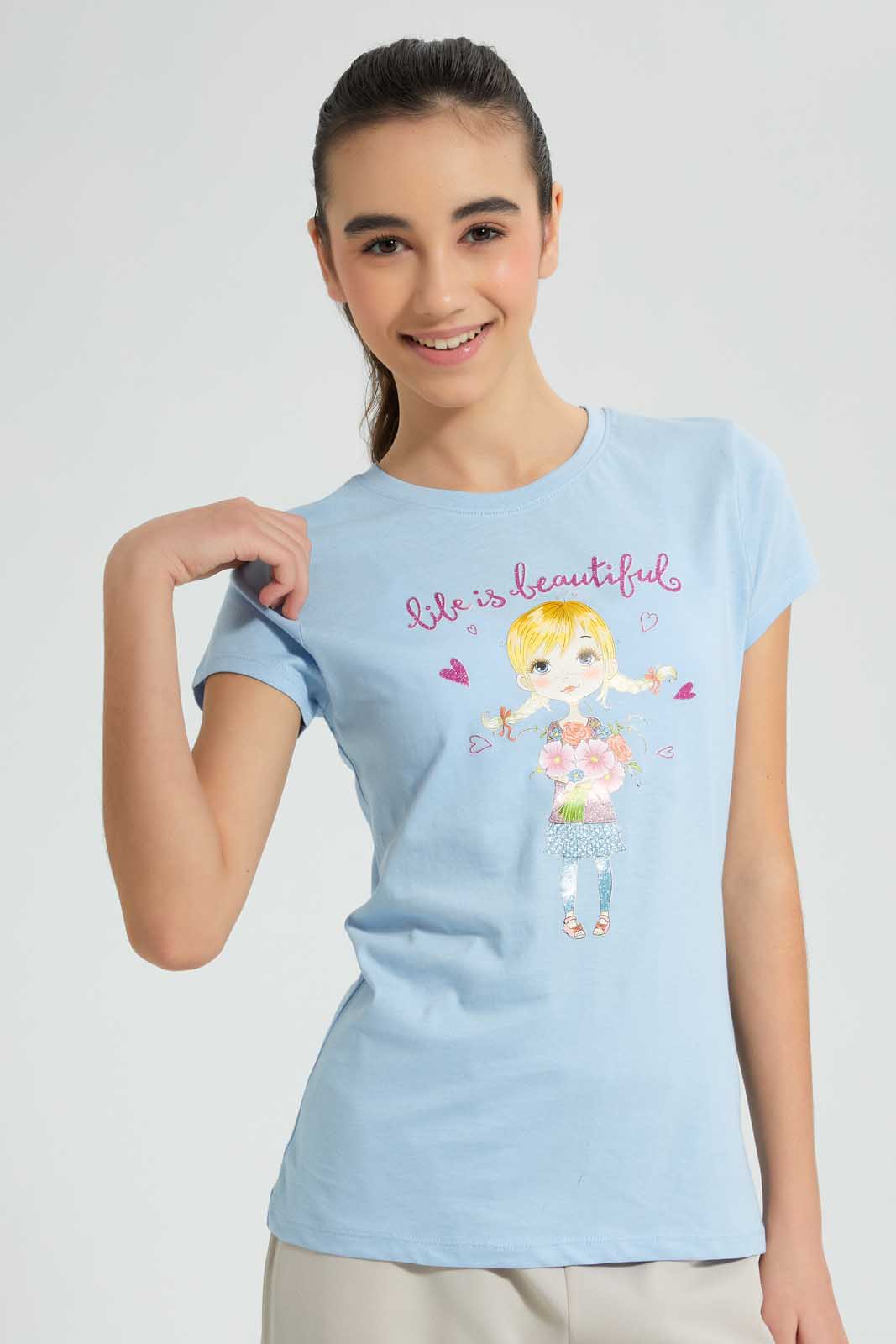 Redtag-Blue-Graphic-T-Shirt-Cropped-Tops-Senior-Girls-9 to 14 Years