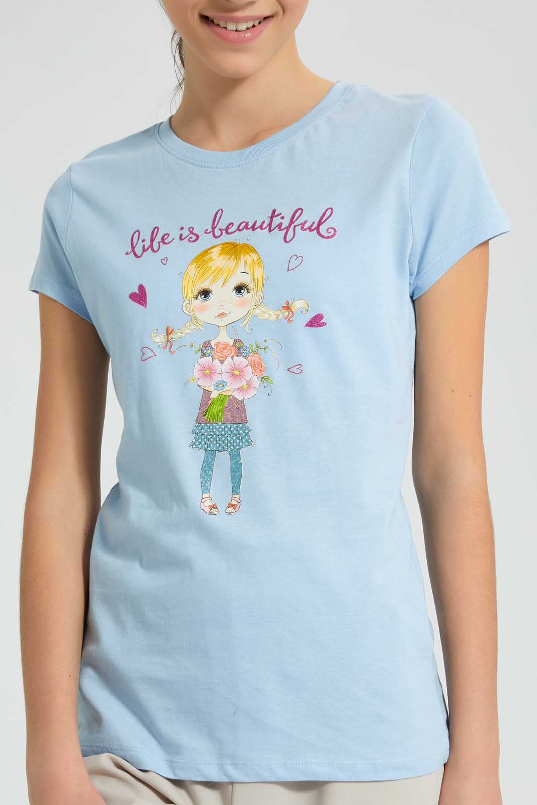 Redtag-Blue-Graphic-T-Shirt-Cropped-Tops-Senior-Girls-9 to 14 Years