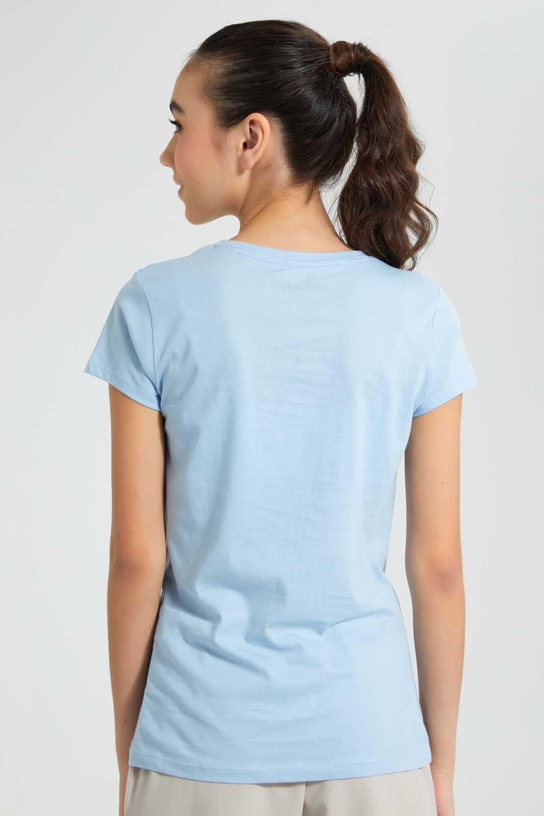 Redtag-Blue-Graphic-T-Shirt-Cropped-Tops-Senior-Girls-9 to 14 Years