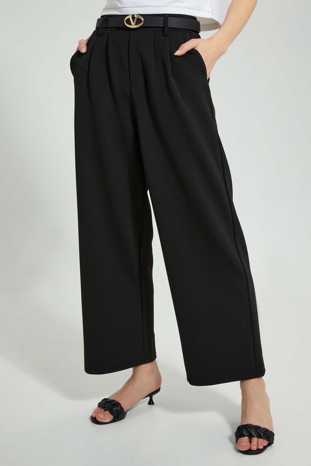 Redtag-Black-Wide-Leg-Pant-With-Belt-Leggings-Women's-