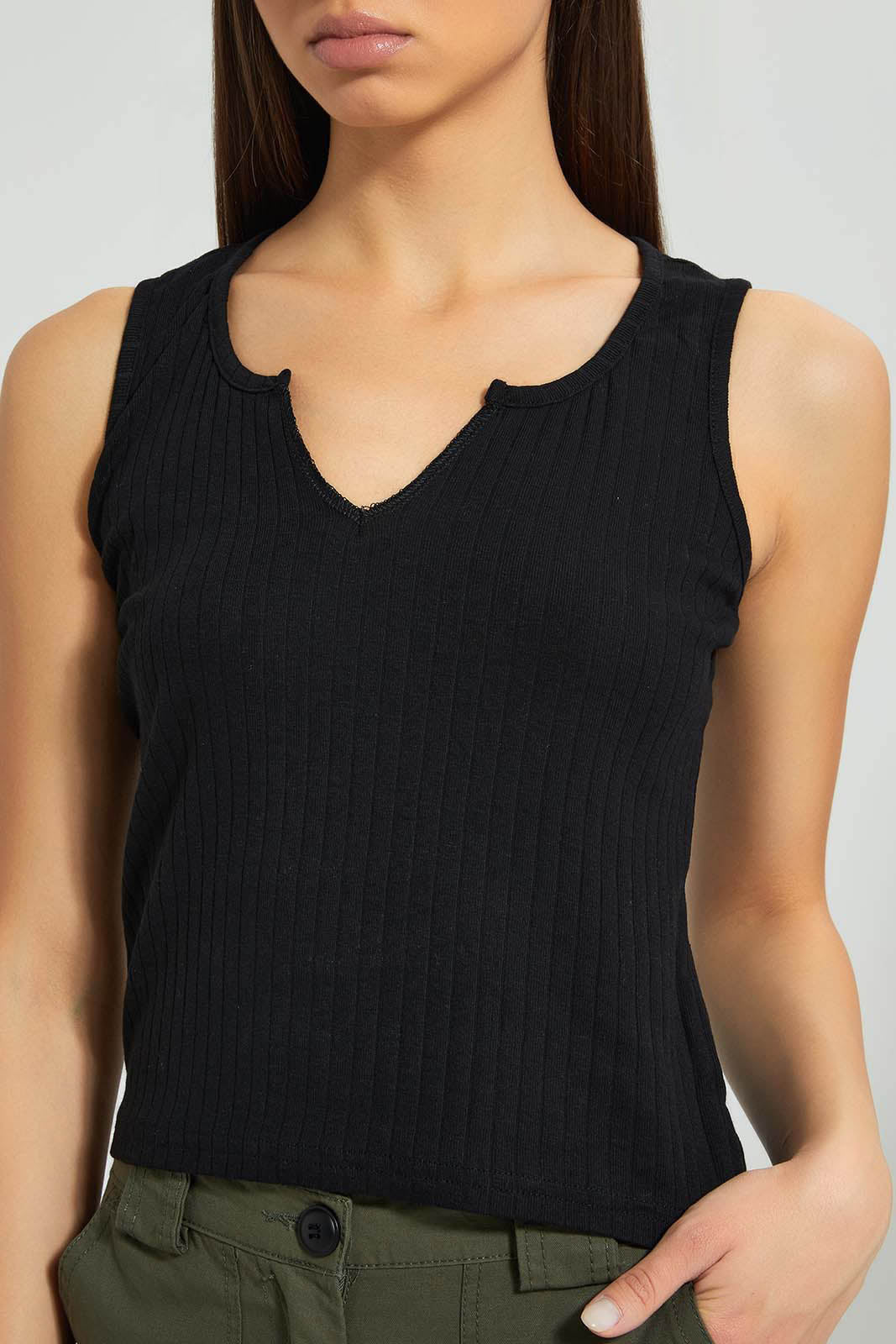 Redtag-Black-Sleeveless-Ribbed-T-Shirt-Plain-Women's-