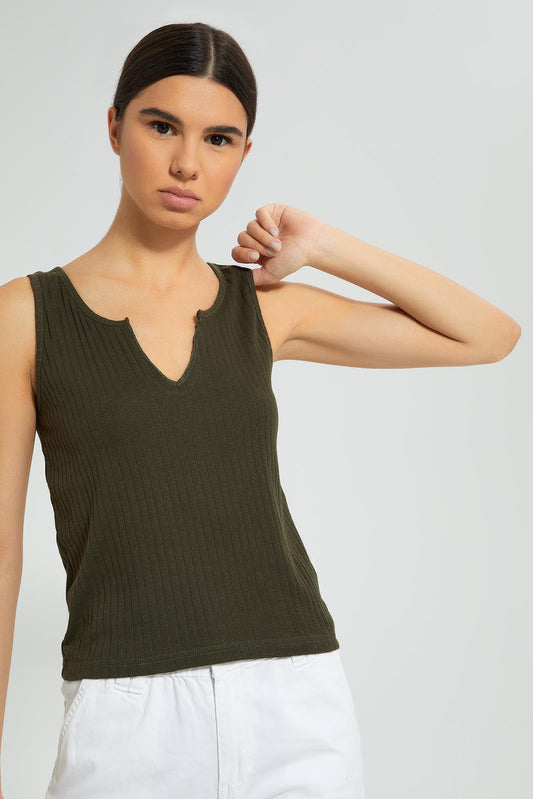 Redtag-Khaki-Sleeveless-Ribbed-T-Shirt-Plain-Women's-