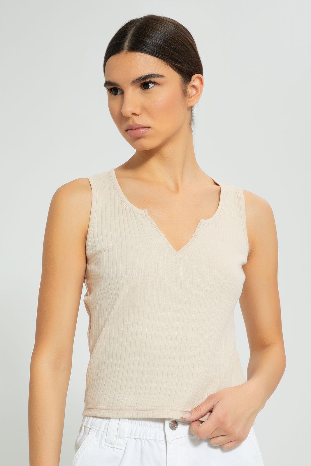 Redtag-Taupe-Sleeveless-Ribbed-T-Shirt-Plain-Women's-