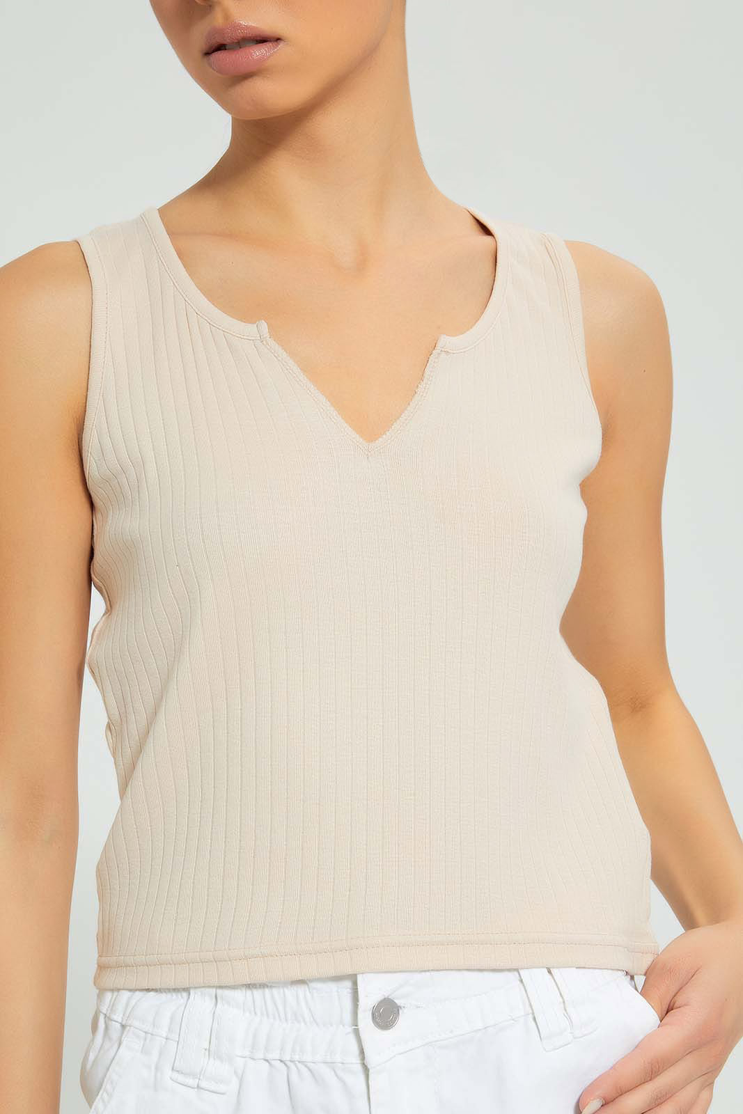 Redtag-Taupe-Sleeveless-Ribbed-T-Shirt-Plain-Women's-