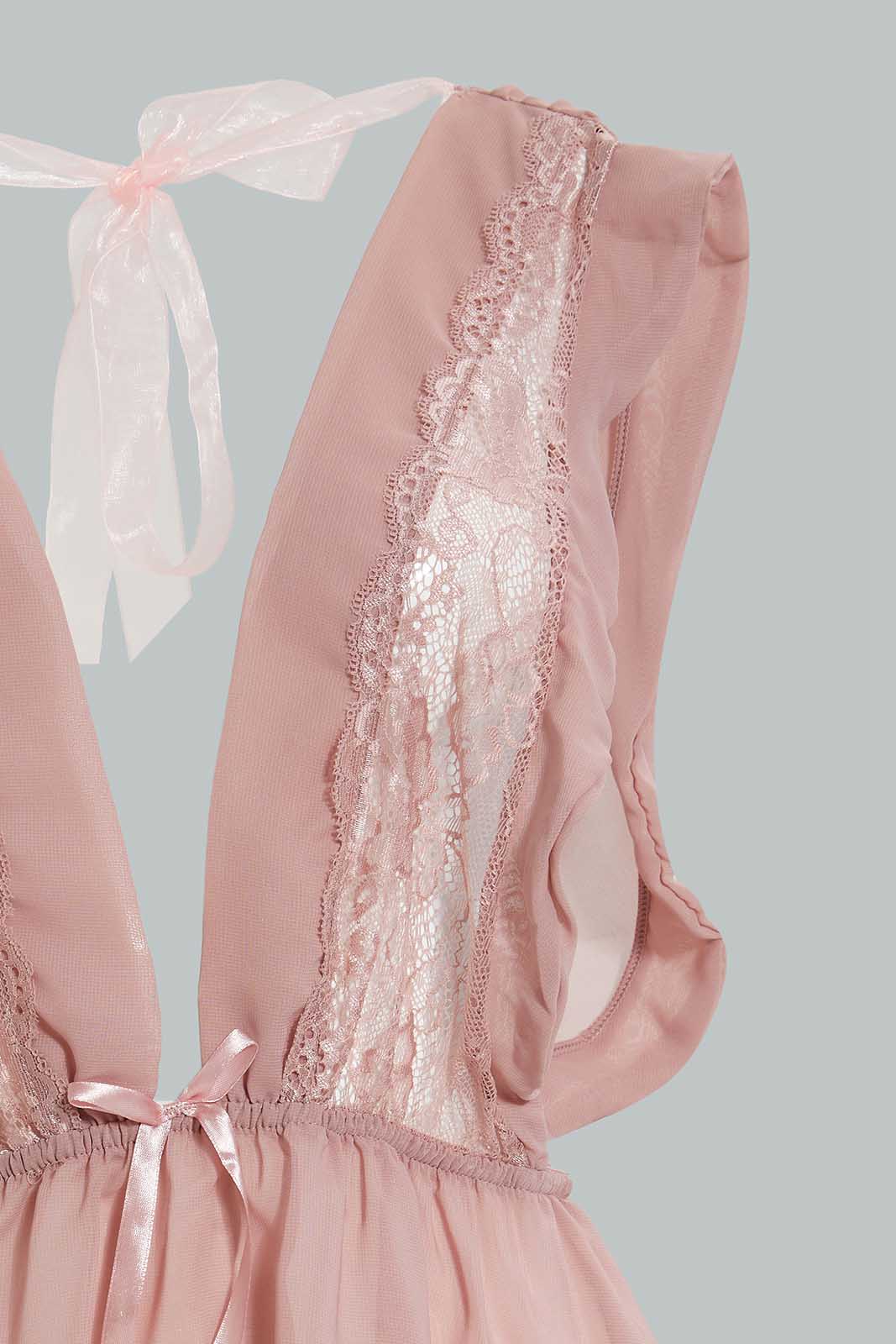 Redtag-Blush-Plain-Non-Padded-Lace-Babydoll-With-Thong-Babydolls-Women's-