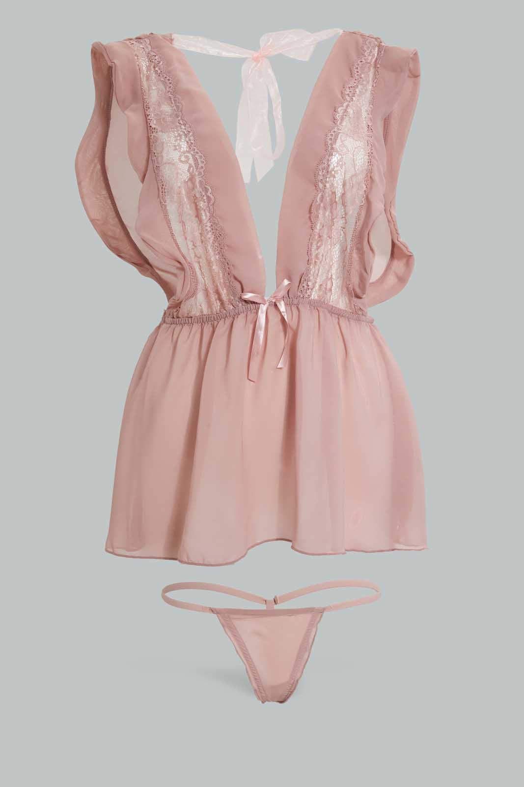 Redtag-Blush-Plain-Non-Padded-Lace-Babydoll-With-Thong-Babydolls-Women's-