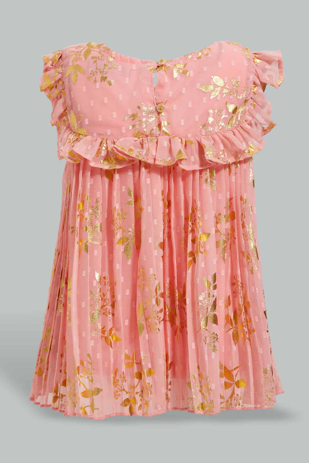 Redtag-Light-Coral-Foil-Printed-Pleated-Blouse-Blouses-Infant-Girls-3 to 24 Months