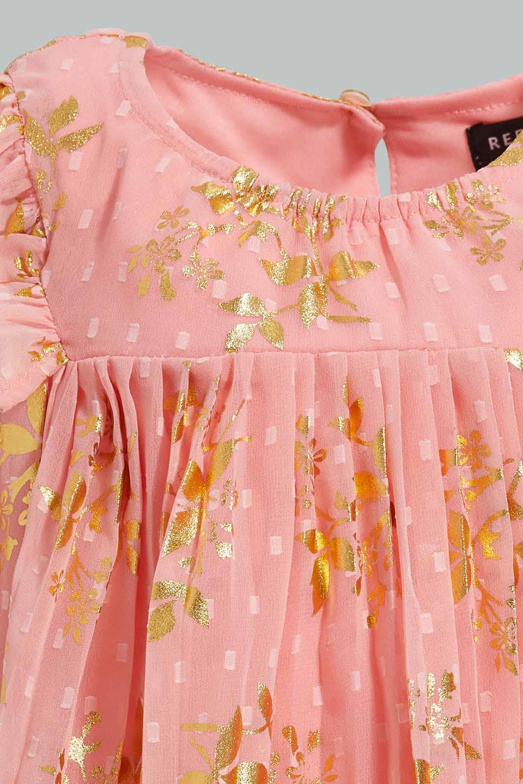 Redtag-Light-Coral-Foil-Printed-Pleated-Blouse-Blouses-Infant-Girls-3 to 24 Months
