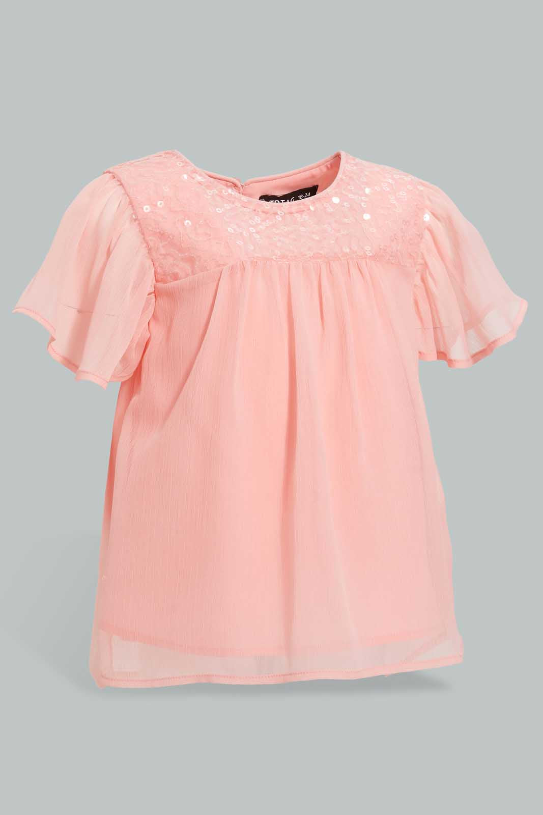 Redtag-Light-Coral-Fluter-Sleeves-Front-Sequins-Blouse-Blouses-Infant-Girls-3 to 24 Months