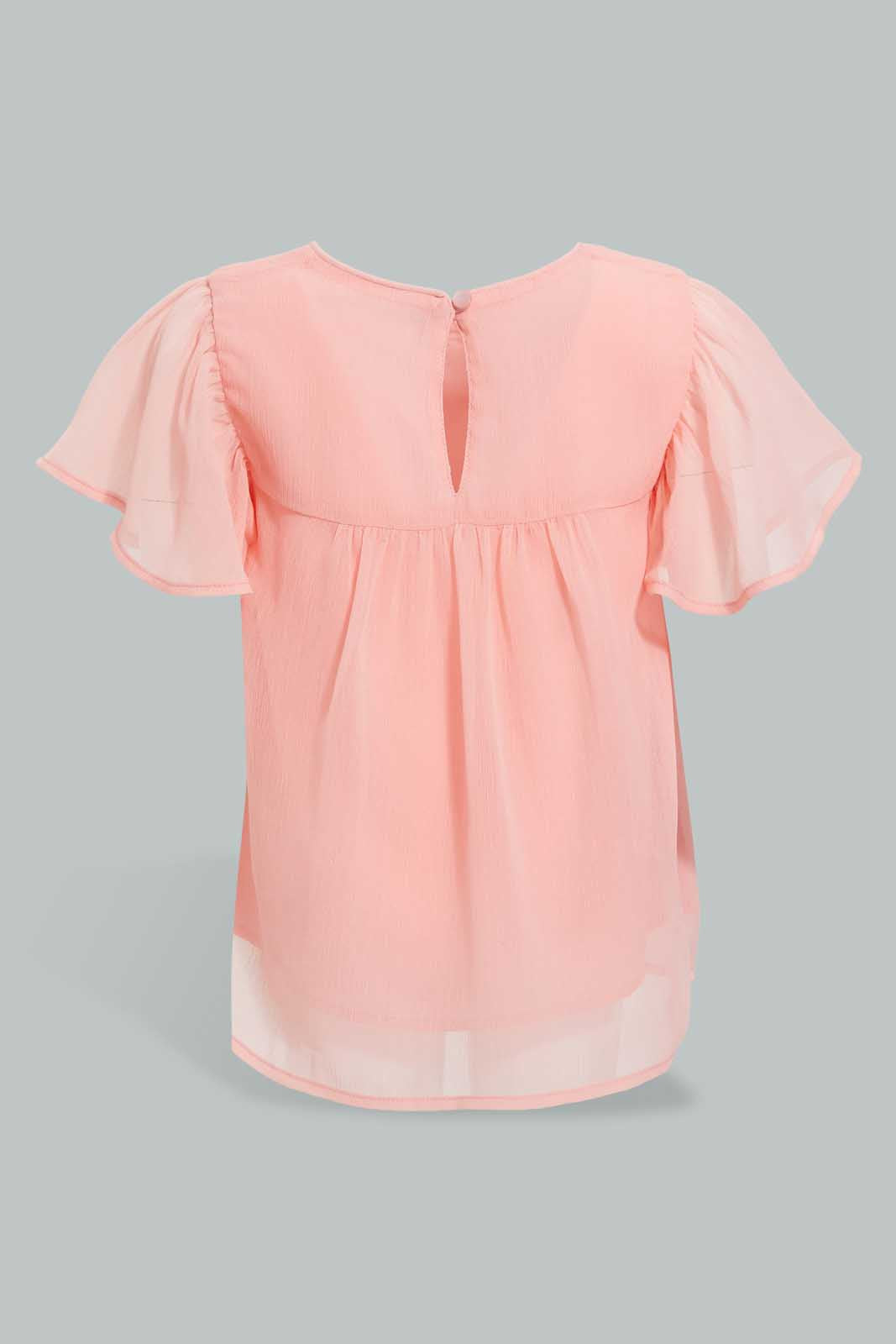Redtag-Light-Coral-Fluter-Sleeves-Front-Sequins-Blouse-Blouses-Infant-Girls-3 to 24 Months