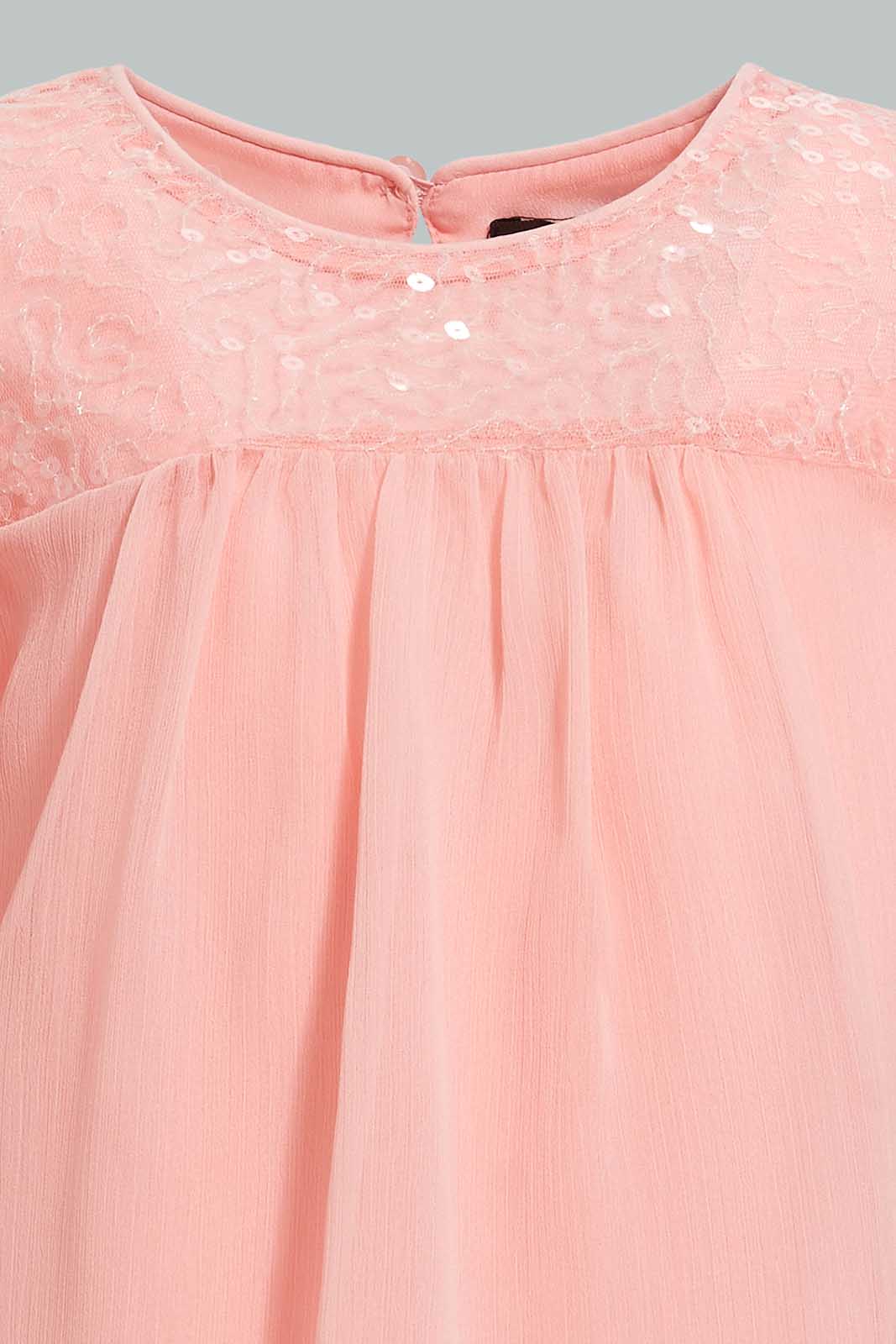 Redtag-Light-Coral-Fluter-Sleeves-Front-Sequins-Blouse-Blouses-Infant-Girls-3 to 24 Months