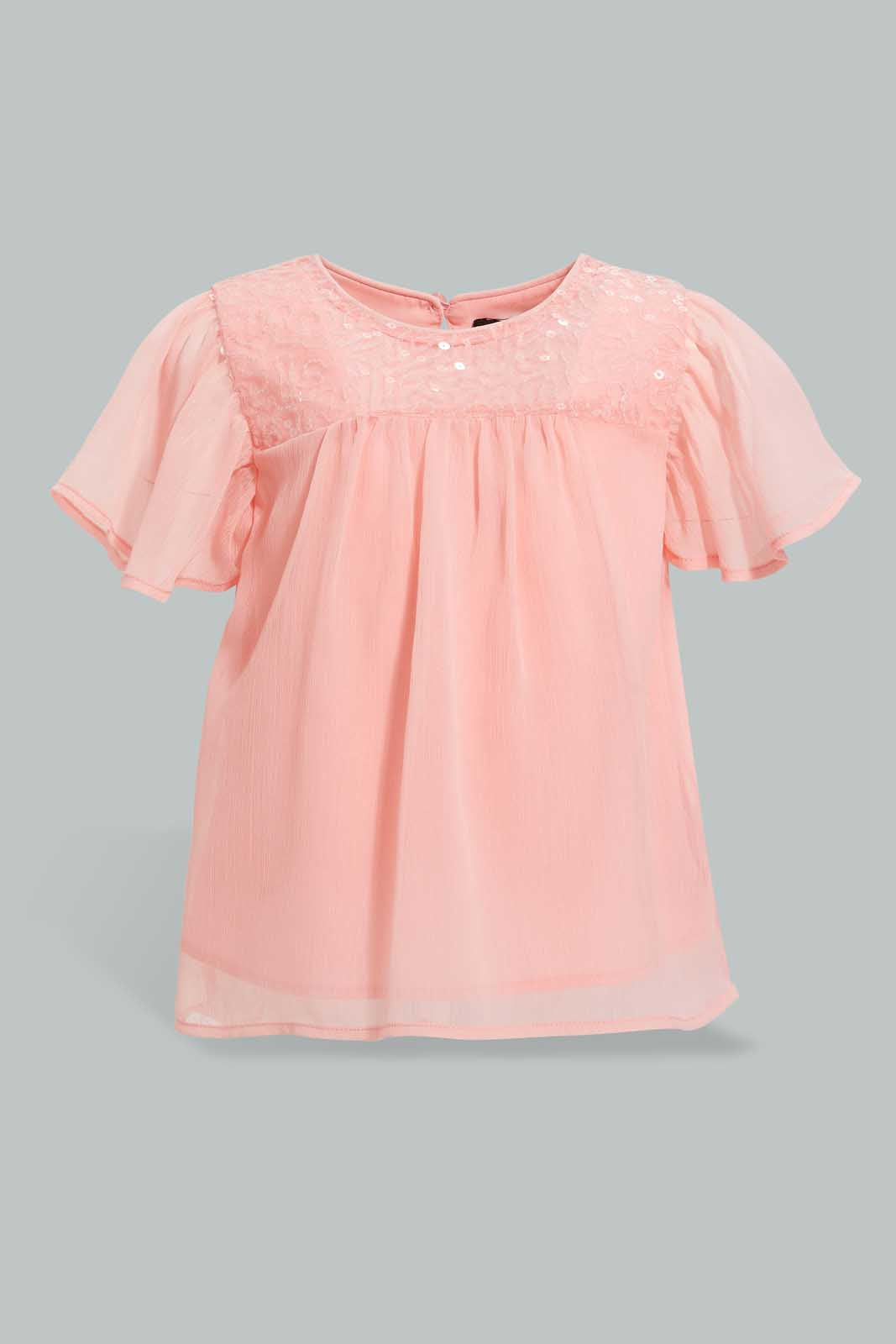 Redtag-Light-Coral-Fluter-Sleeves-Front-Sequins-Blouse-Blouses-Infant-Girls-3 to 24 Months