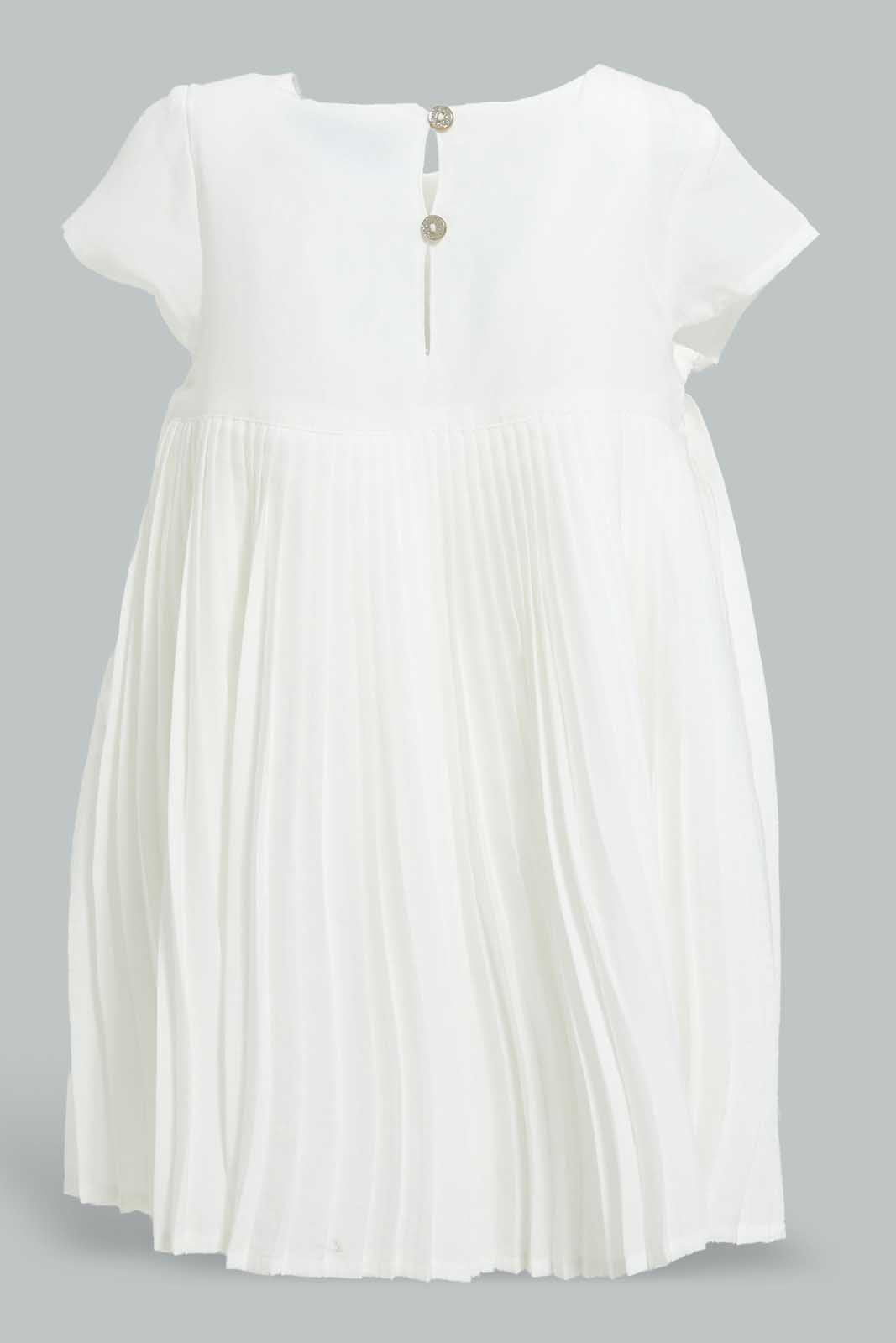 Redtag-Ivory-Front-Embroidery-Pleated-Dress-Dresses-Infant-Girls-3 to 24 Months