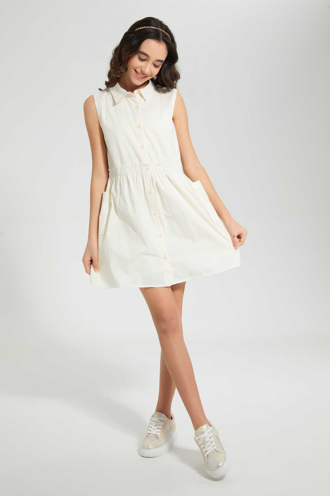 Redtag-Beige-Shirt-Dress-Dresses-Senior-Girls-9 to 14 Years